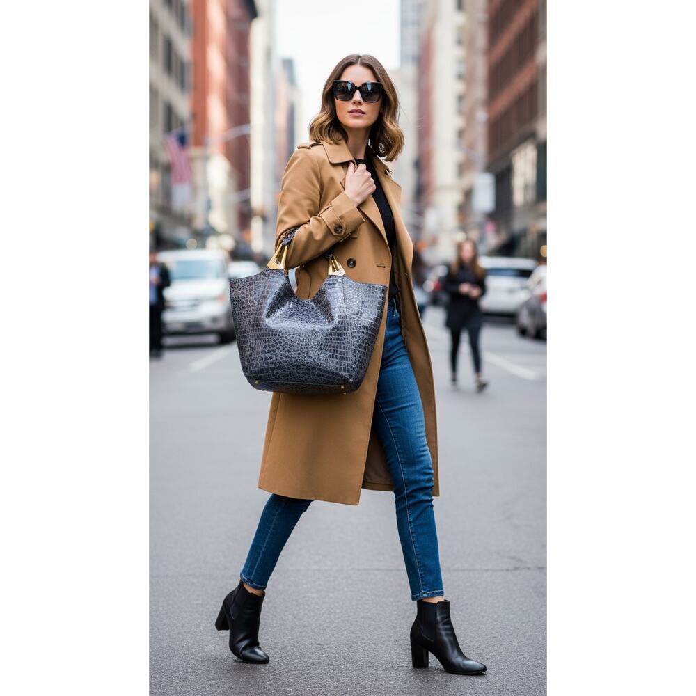 Braciano Gray Patent Croc-Embossed Tote Bag Gold Hardware | Large Glam Carryall